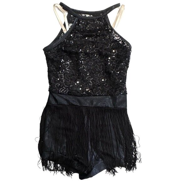 BALERA‎ Black Sequin Fringe Dance Costume Sizes SA/LC Jazz Tap Leotard Outfit - Picture 1 of 12